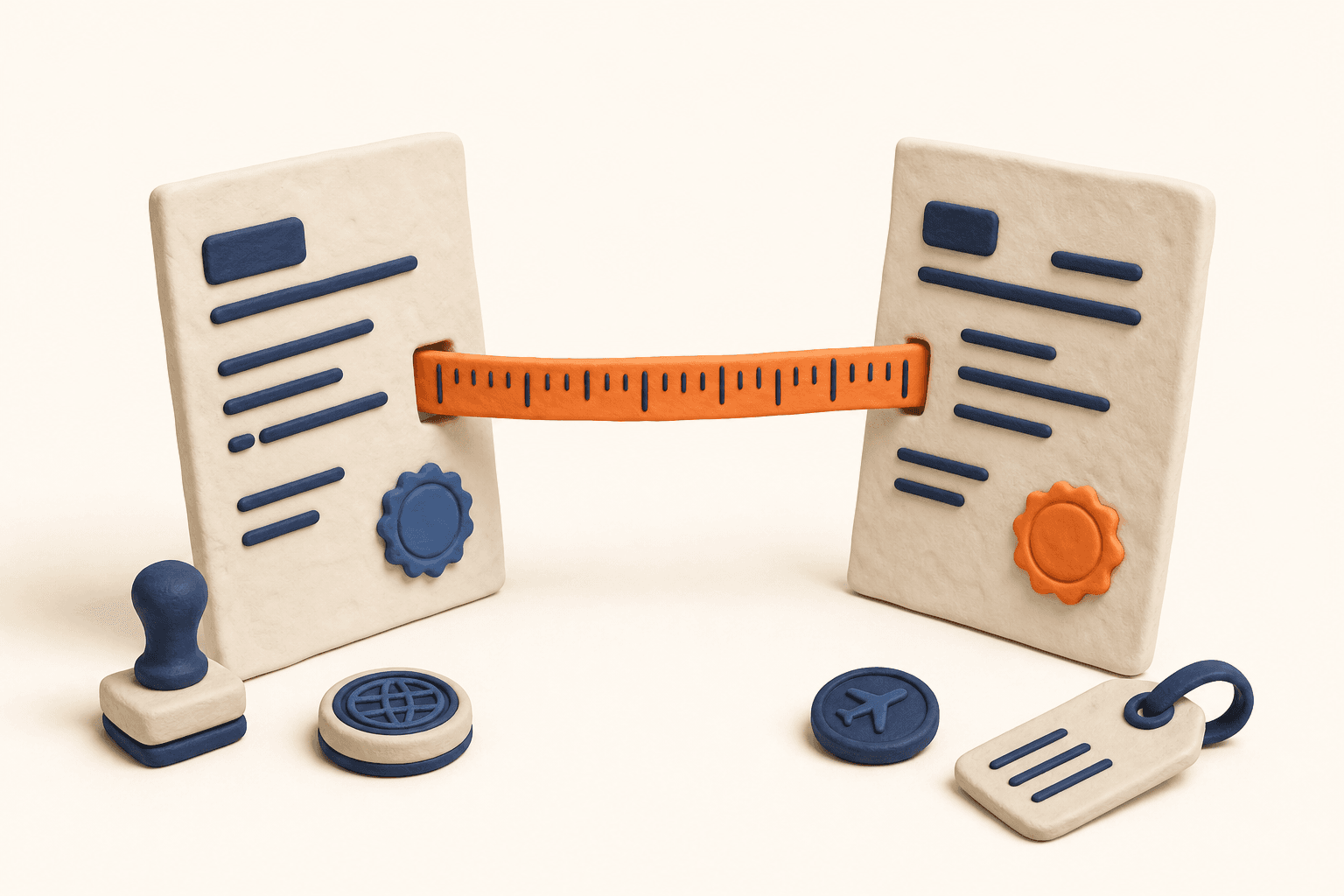 Two documents facing each other with an apricot measuring tape stretched between them